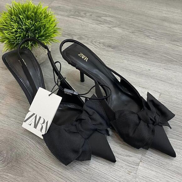 ZARA Black Bow Slingback Heels NWT – Embellished Pointed Toe Pumps, Size 7.5 - Picture 9 of 16